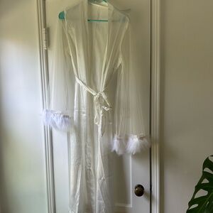 Satin feather trim mesh long sleeve belted robe